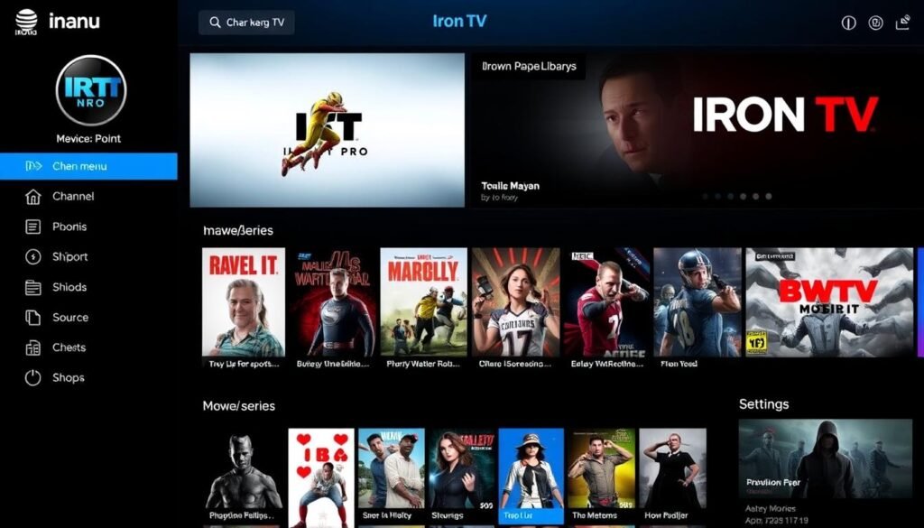Interface complète de iron iptv apk montrant toutes les fonctionnalités